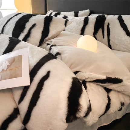 Zebra Print Thickened Faux Rabbit Fur Mattress Cover And Sheet Set