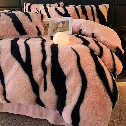 Zebra Print Thickened Faux Rabbit Fur Mattress Cover And Sheet Set