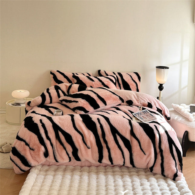 Zebra Print Thickened Faux Rabbit Fur Mattress Cover And Sheet Set