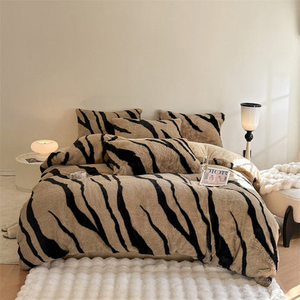 Zebra Print Thickened Faux Rabbit Fur Mattress Cover And Sheet Set