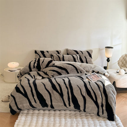 Zebra Print Thickened Faux Rabbit Fur Mattress Cover And Sheet Set