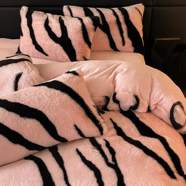 Zebra Print Thickened Faux Rabbit Fur Mattress Cover And Sheet Set