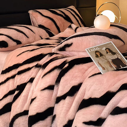 Zebra Print Thickened Faux Rabbit Fur Mattress Cover And Sheet Set